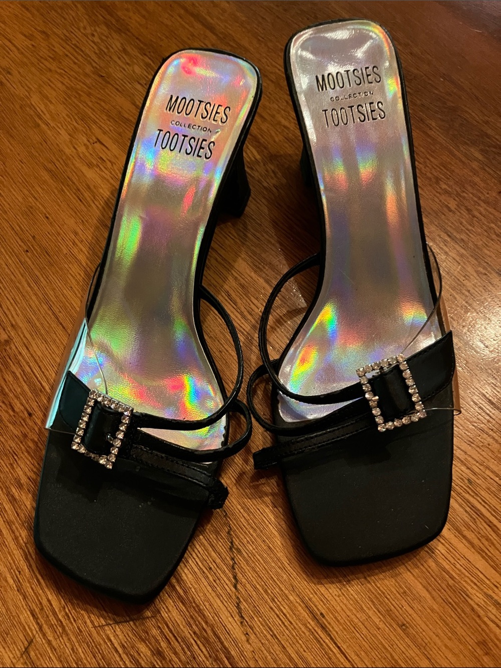 Mootsies Tootsies Black Strappy Heeled Sandals with Rhinestone Buckle
